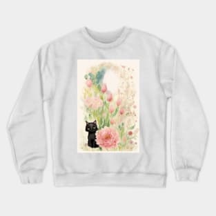 Black Kitty in Flower Garden Soft Pastel Colors Crewneck Sweatshirt